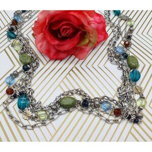 Premier Designs Silver Tone Multi Strand Chain Necklace Colorful Bead Stations